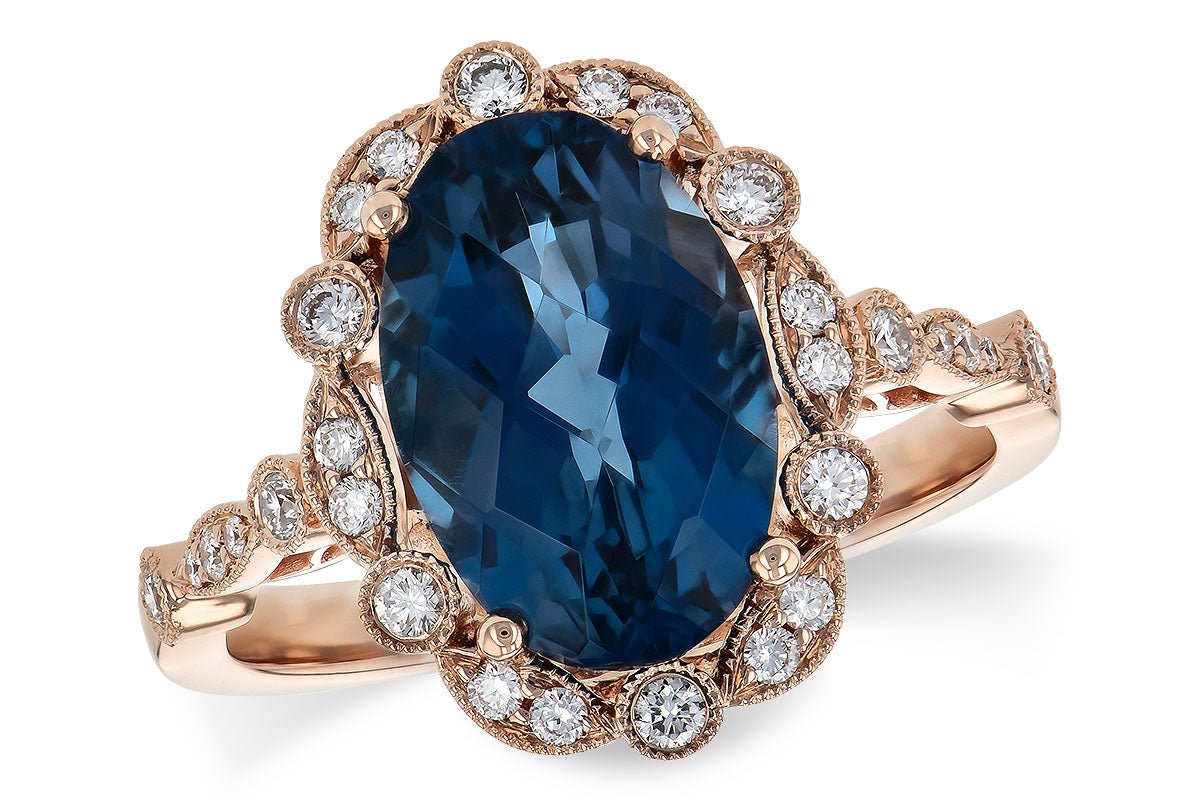 14K Rose Gold Blue Topaz Diamond Halo Ring - Warwick Jewelers