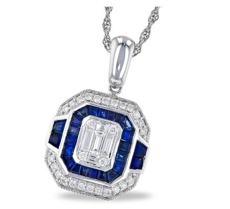 14k White Gold Antique Style Sapphire and Diamond Pendant - Warwick Jewelers