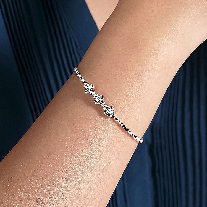 14K White Gold Bujukan Bead Cuff Bracelet with Three Quatrefoil Diamond Station s - Warwick Jewelers