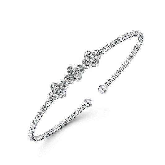 14K White Gold Bujukan Bead Cuff Bracelet with Three Quatrefoil Diamond Station s - Warwick Jewelers