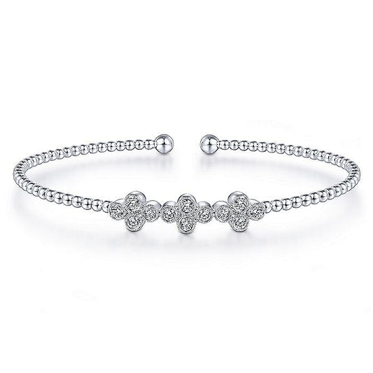 14K White Gold Bujukan Bead Cuff Bracelet with Three Quatrefoil Diamond Station s - Warwick Jewelers