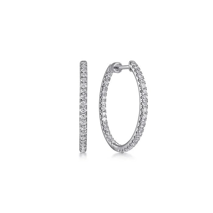 14K White Gold French Pave 20mm Round Inside Out Diamond Hoop Earrings - Warwick Jewelers