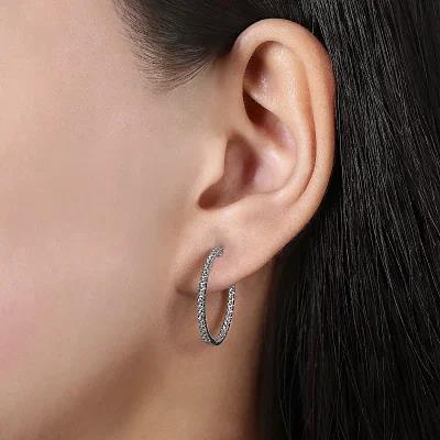 14K White Gold French Pave 20mm Round Inside Out Diamond Hoop Earrings - Warwick Jewelers