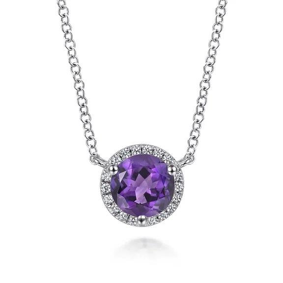 14K White Gold Round Amethyst and Diamond Halo Pendant Necklace - Warwick Jewelers