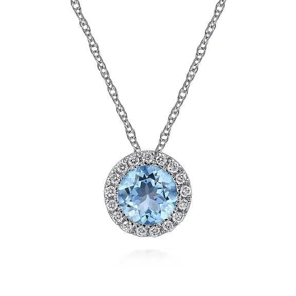 14K White Gold Round Swiss Blue Topaz and Diamond Halo Pendant Necklace - Warwick Jewelers