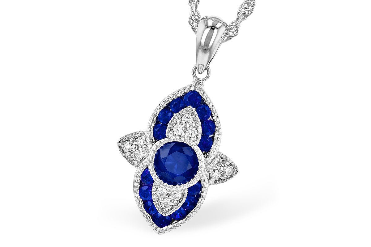 14K White Gold Sapphire and Diamond Antique Style Pendant - Warwick Jewelers