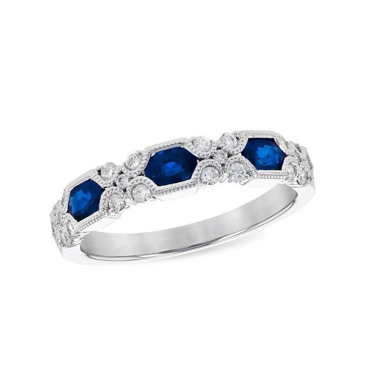 14k White Gold Sapphire and Diamond Milgrain Ring - Warwick Jewelers