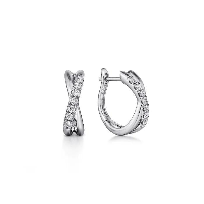 14K White Gold Twisted 15mm Diamond Huggie Earrings - Warwick Jewelers