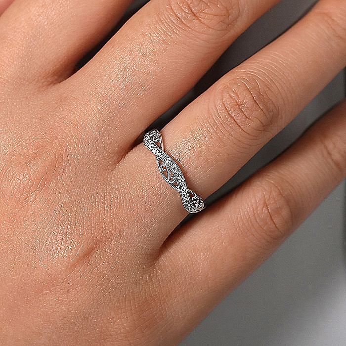 14K White Gold Twisted Filigree Diamond Stackable Ring - Warwick Jewelers