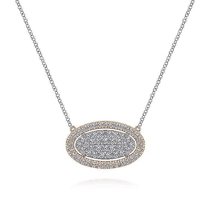 14k White-Rose Gold Pave Diamond Oval Pendant Necklace - Warwick Jewelers