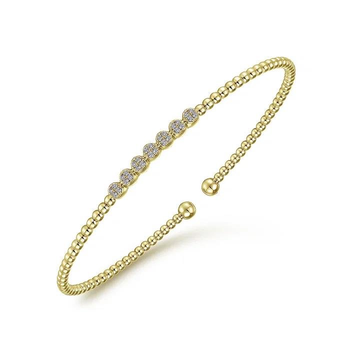 14K Yellow Gold Bujukan Bead Cuff Bracelet with Cluster Diamond Stations - Warwick Jewelers