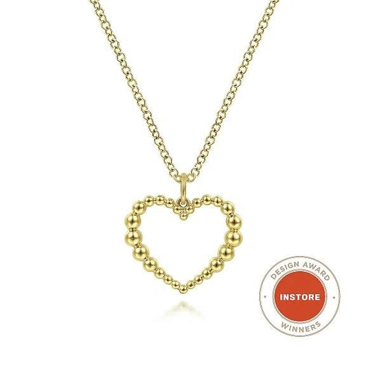 14K Yellow Gold Bujukan Beaded Open Heart Pendant Necklace - Warwick Jewelers