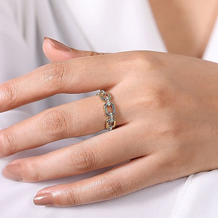 14K Yellow Gold Chain Link Stackable Ring Band with Diamond Connectors - Warwick Jewelers