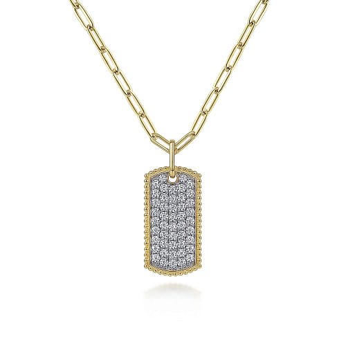 14K Yellow Gold Diamond Pave Dog Tag Pendant Hollow Chain Necklace - Warwick Jewelers