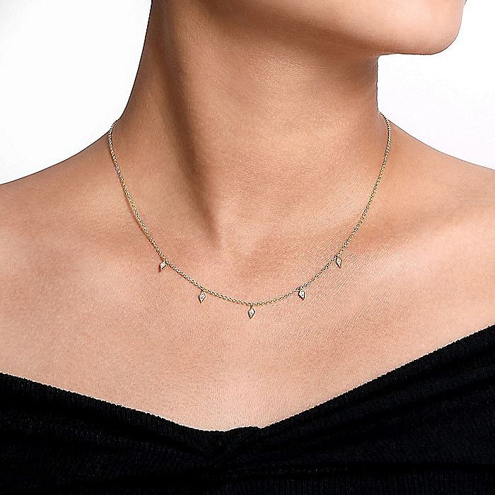 14K Yellow Gold Diamond Station Kite Droplet Necklace - Warwick Jewelers