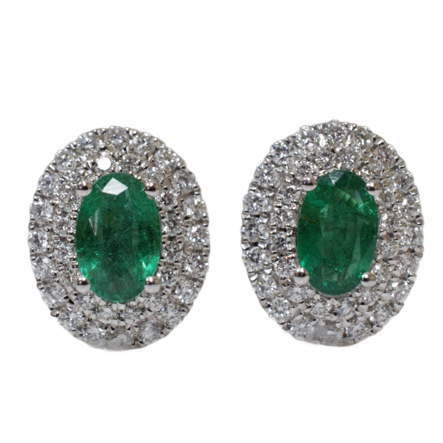 18K White Gold Double Halo Emerald Stud Earrings - Warwick Jewelers