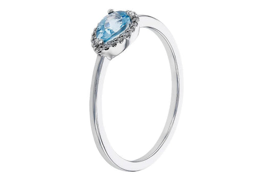14K White Gold Pear Aquamarine & Diamond Halo Ring