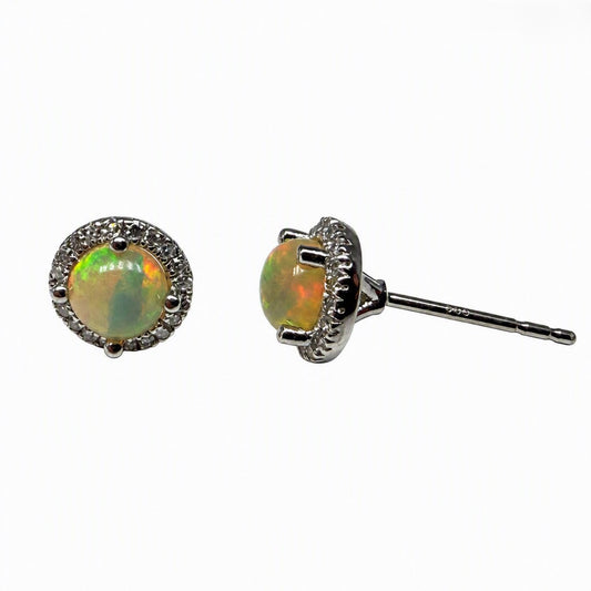14K White Gold Opal & Diamond Halo Stud Earrings