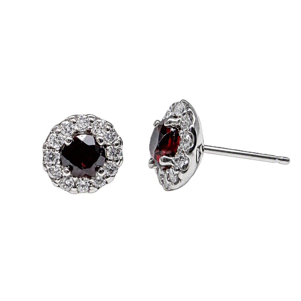 Garnet & Diamond Halo Stud Earrings in 14K White Gold