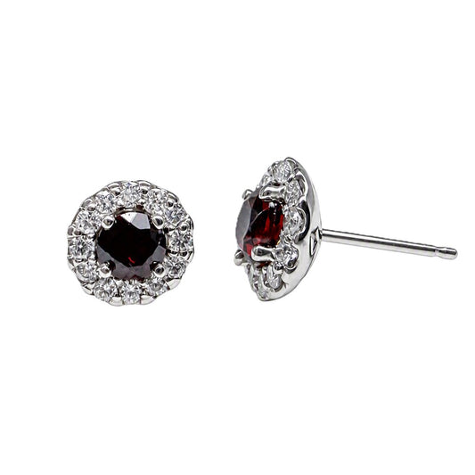 Garnet & Diamond Halo Stud Earrings in 14K White Gold