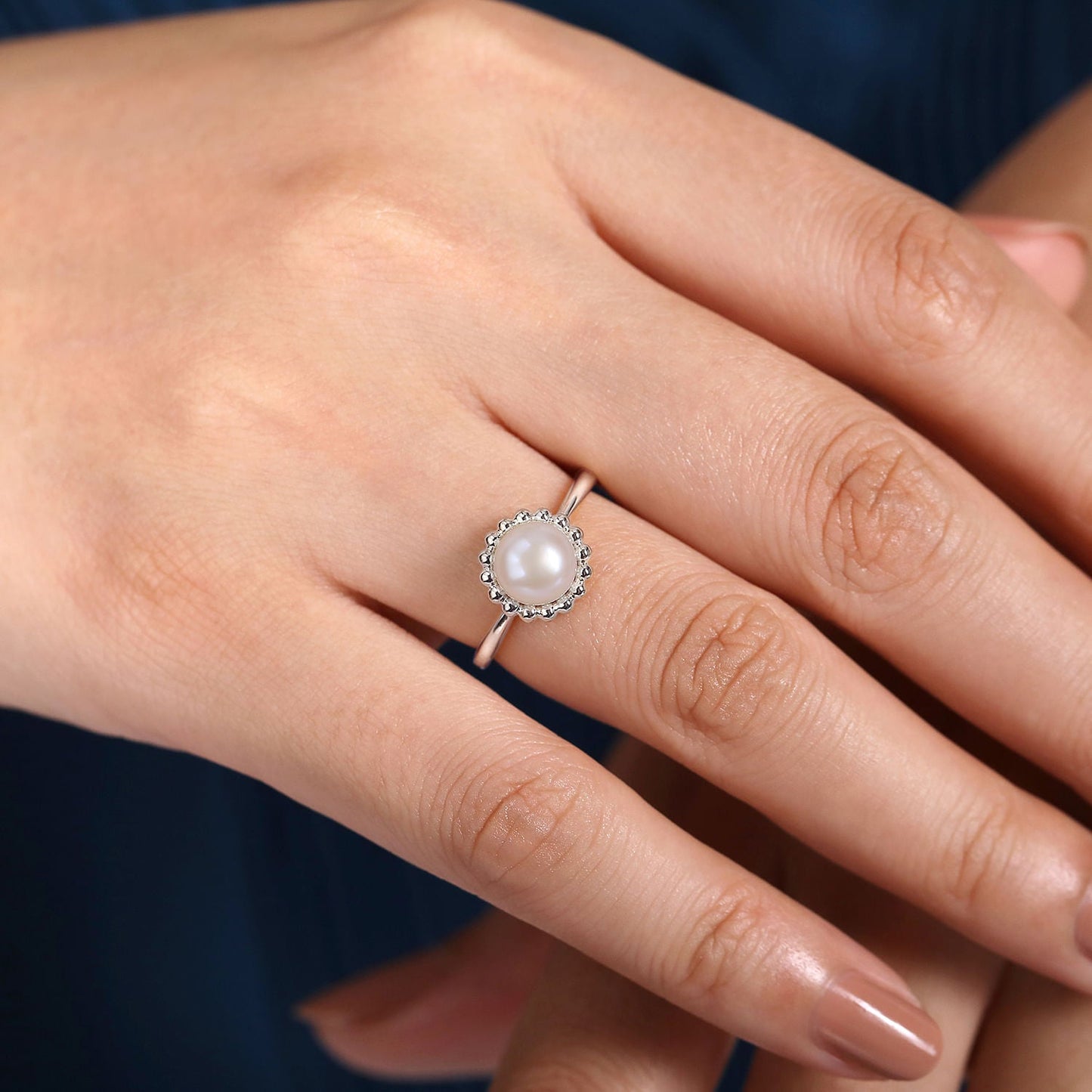 Sterling Silver Pearl Ring with Bujukan Beaded Halo - Warwick Jewelers