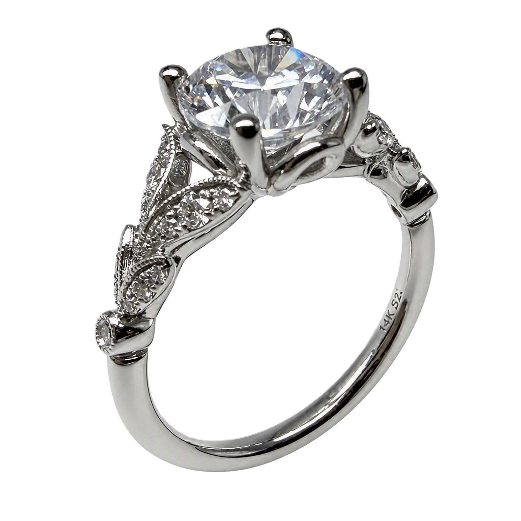  Vintage Inspired 14K White Gold Split Shank Round Diamond Engagement Ring