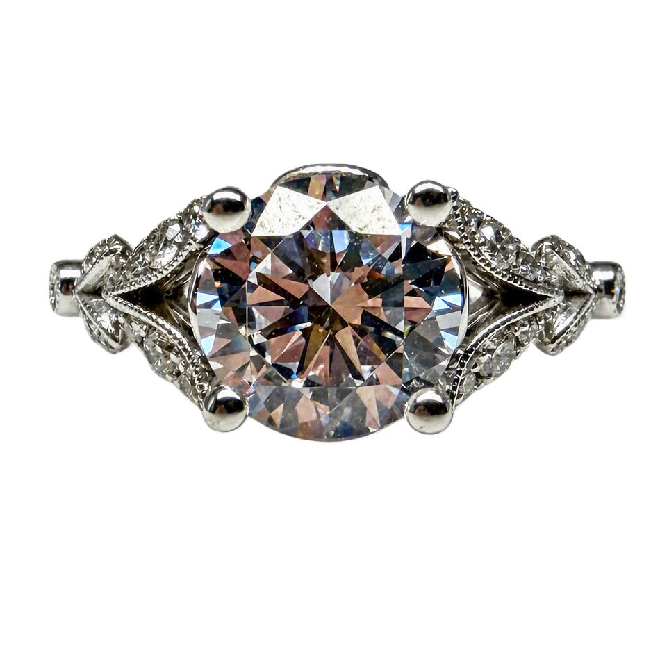 Vintage Inspired 14K White Gold Split Shank Round Diamond Engagement Ring