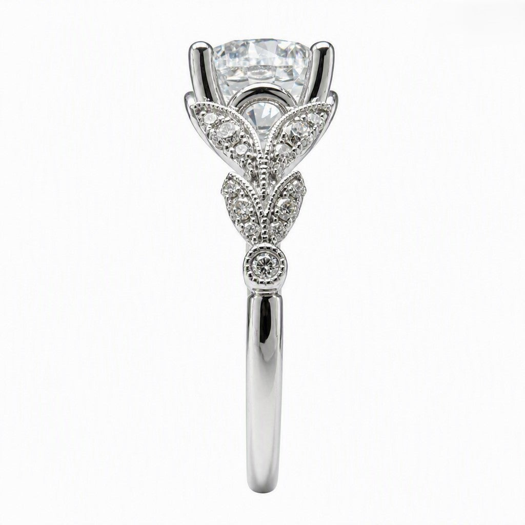  Vintage Inspired 14K White Gold Split Shank Round Diamond Engagement Ring