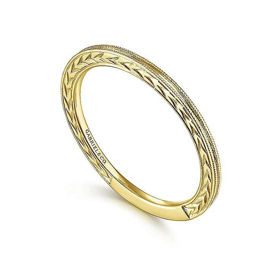 14K Yellow Gold Engraved Milgrain Slim Stackable Ring