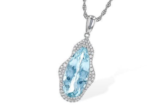 14K White Gold Aquamarine and Diamond Halo Pendant - Warwick Jewelers