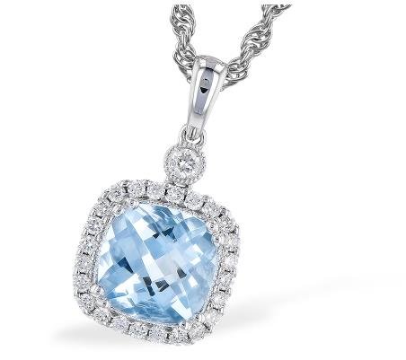 14k White Gold Aquamarine and Diamond Halo Pendant - Warwick Jewelers