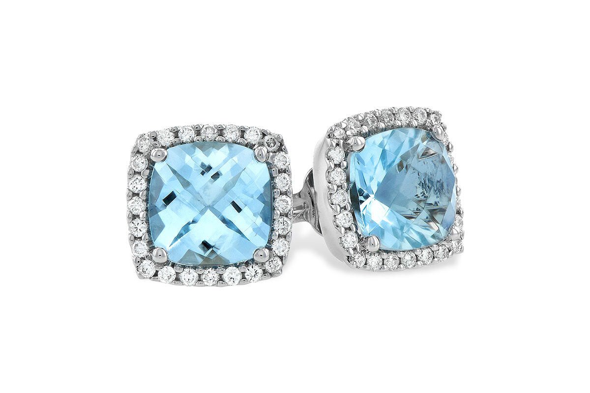 14k White Gold Aquamarine and Diamond Halo Stud Earrings - Warwick Jewelers