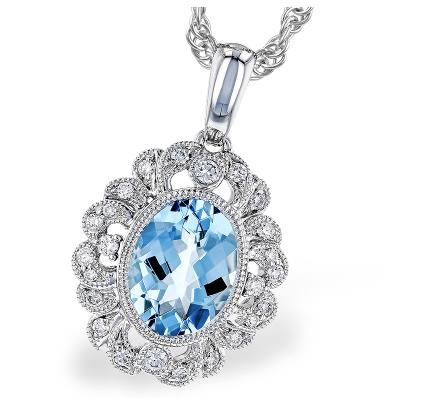 14k White Gold Aquamarine and Diamond Milgrain pendant - Warwick Jewelers