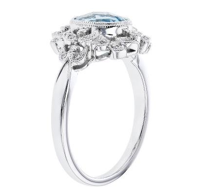 14k White Gold Bezel Set Aquamarine and Diamond Milgrain Ring - Warwick Jewelers