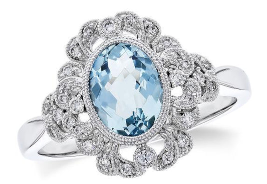 14k White Gold Bezel Set Aquamarine and Diamond Milgrain Ring - Warwick Jewelers