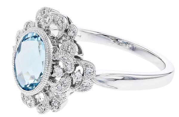 14k White Gold Bezel Set Aquamarine and Diamond Milgrain Ring - Warwick Jewelers