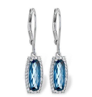 14k White Gold Blue Topaz and Diamond Halo Drop Earrings - Warwick Jewelers