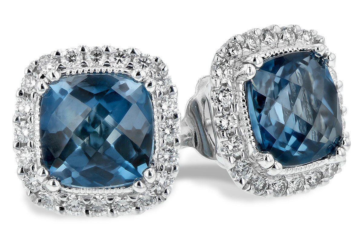 14k White Gold Blue Topaz Diamond Halo Studs - Warwick Jewelers