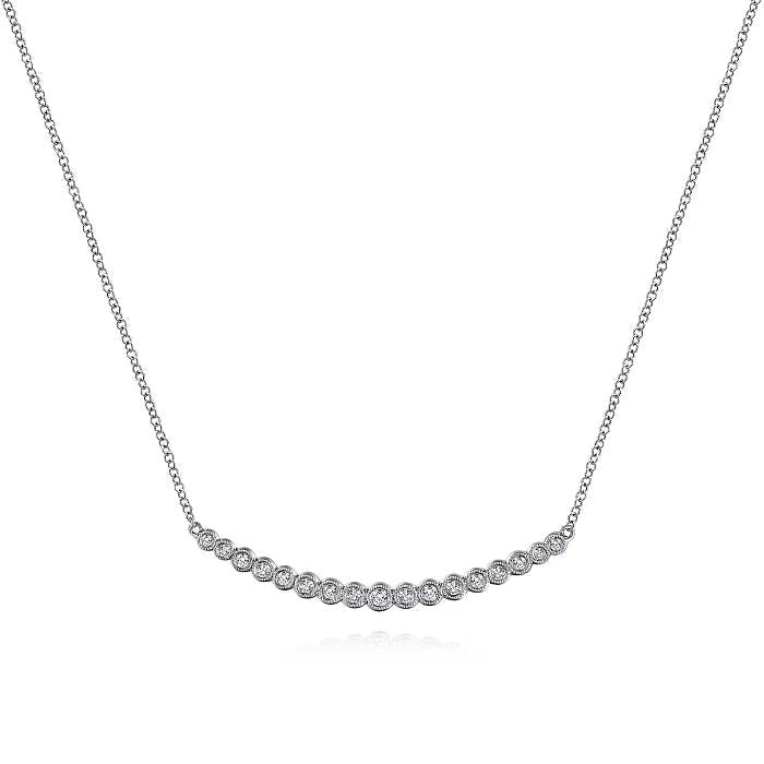 14K White Gold Curved Bar Necklace with Bezel Set Round Diamonds - Warwick Jewelers