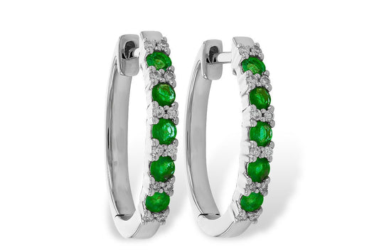 14K White Gold Emerald and Diamond Hoops - Warwick Jewelers