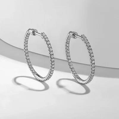 14K White Gold French Pave 20mm Round Inside Out Diamond Hoop Earrings - Warwick Jewelers