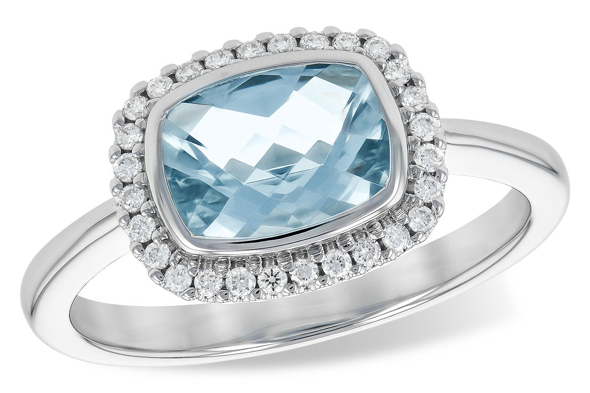 14K White Gold Halo Aquamarine and Diamond Ring - Warwick Jewelers