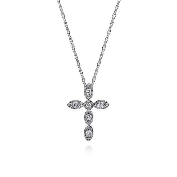 14K White Gold Marquise Shaped Diamond Cross Necklace - Warwick Jewelers