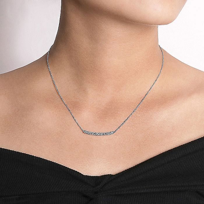 14K White Gold Round and Baguette Diamond Curved Bar Necklace - Warwick Jewelers