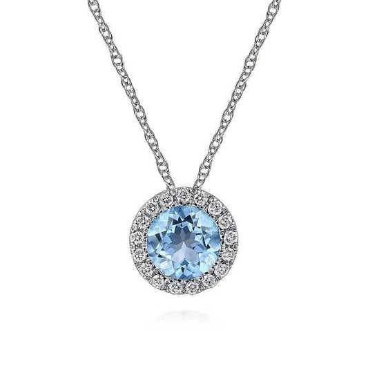 14K White Gold Round Swiss Blue Topaz and Diamond Halo Pendant Necklace - Warwick Jewelers