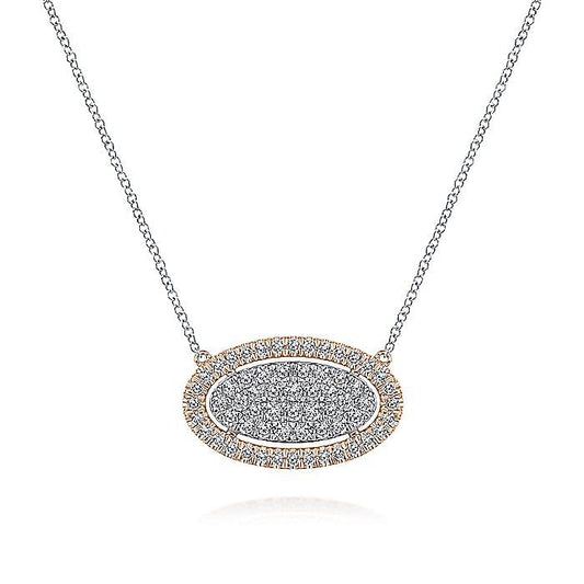 14k White-Rose Gold Pave Diamond Oval Pendant Necklace - Warwick Jewelers