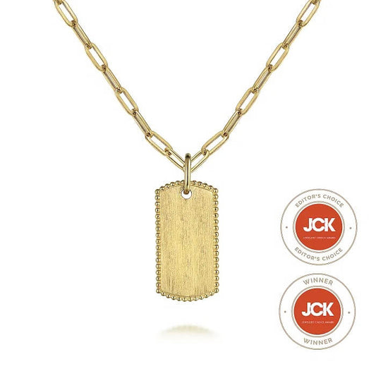 14K Yellow Gold Dog Tag Pendant Hollow Chain Necklace - Warwick Jewelers