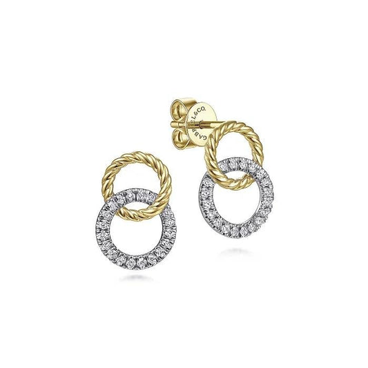 14K Yellow-White Gold Open Circle Twisted Rope and Diamond Stud Earrings - Warwick Jewelers