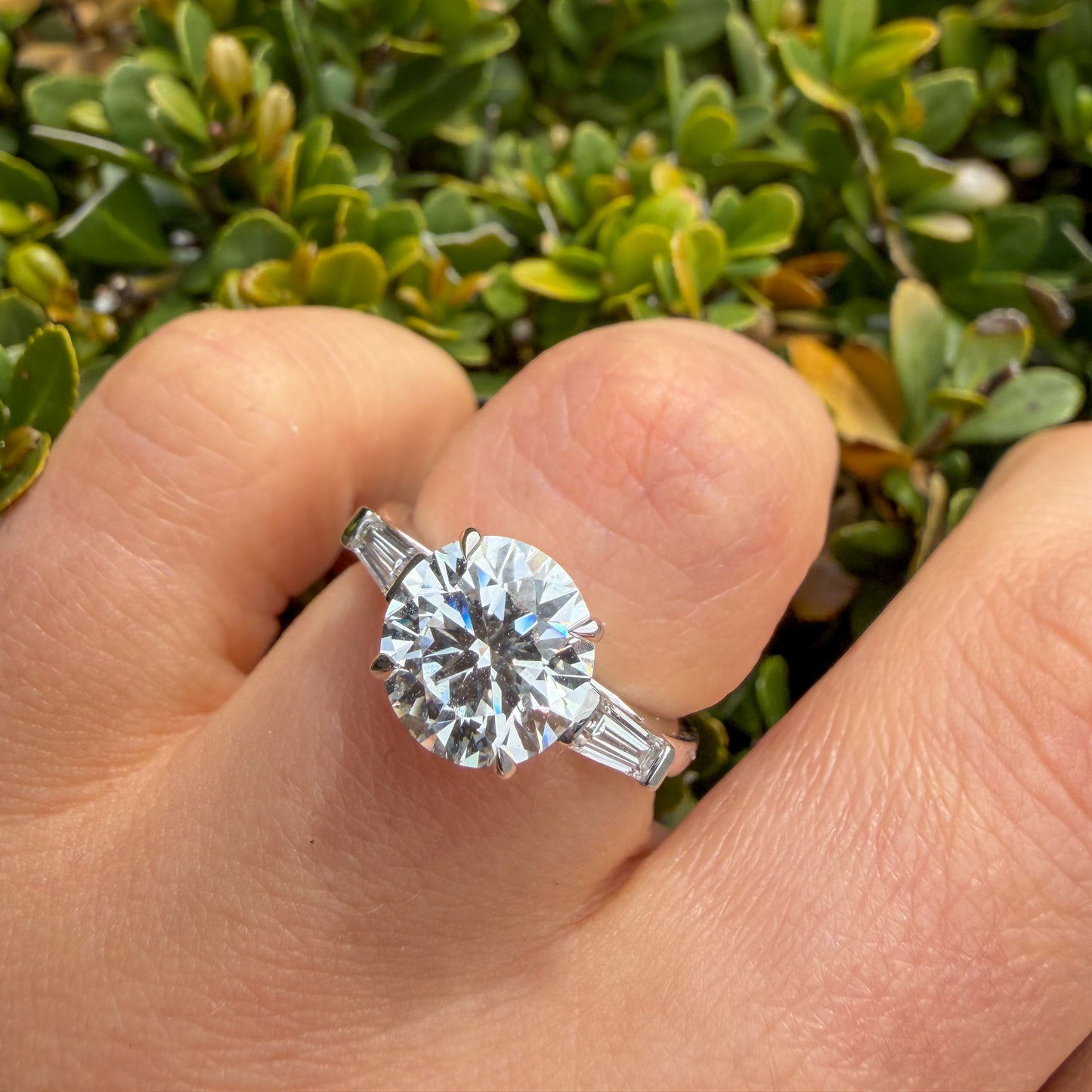 14kt White Gold Lab Grown Diamond Engagemnt Ring with Baguette Side Stones 