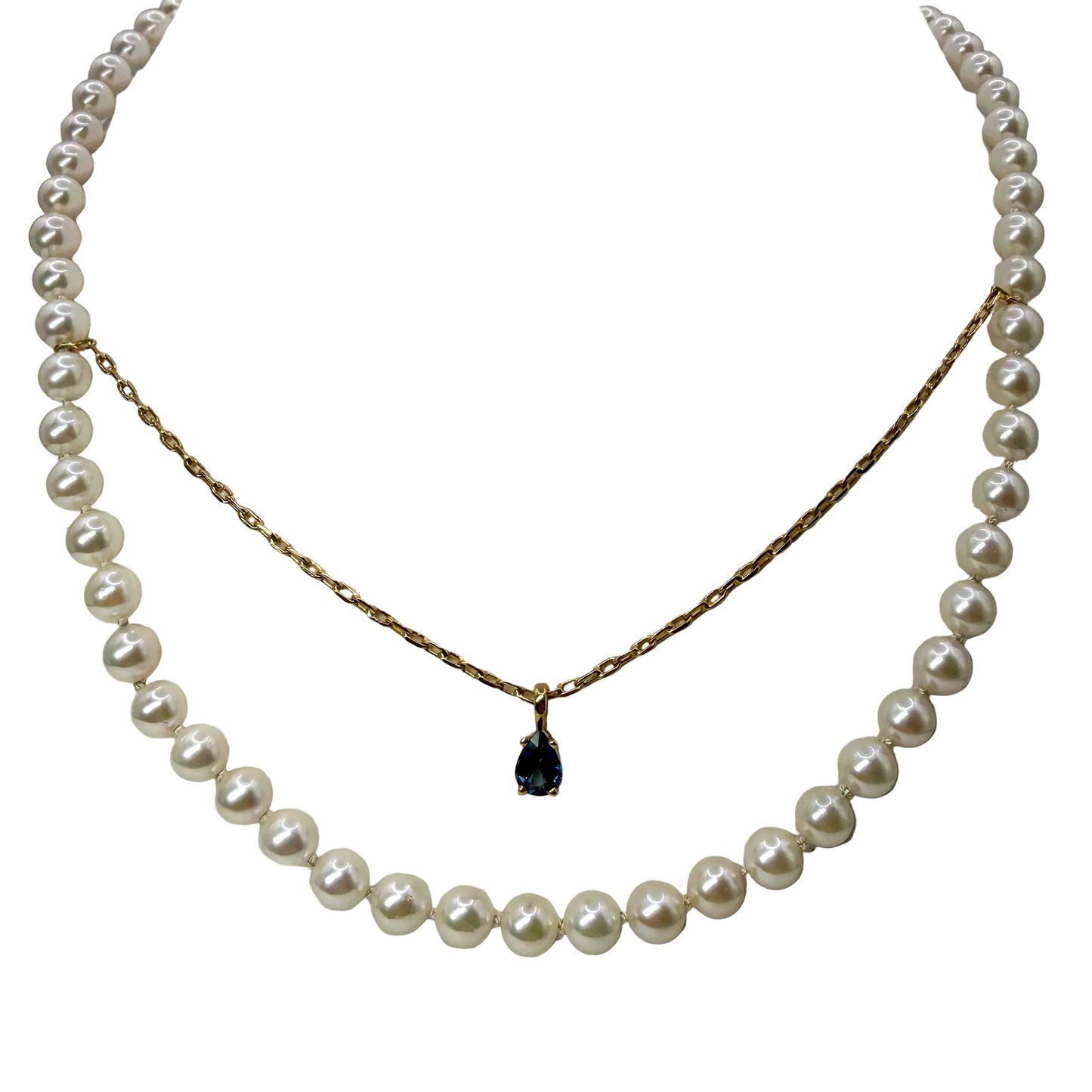 14kt Yellow Gold AAA Akoya Pearl Strand with Blue Sapphire Suspended Pendant 